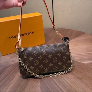 Louis Vuitton Monogram Canvas Shoulder Bag with Red-Trim Strap